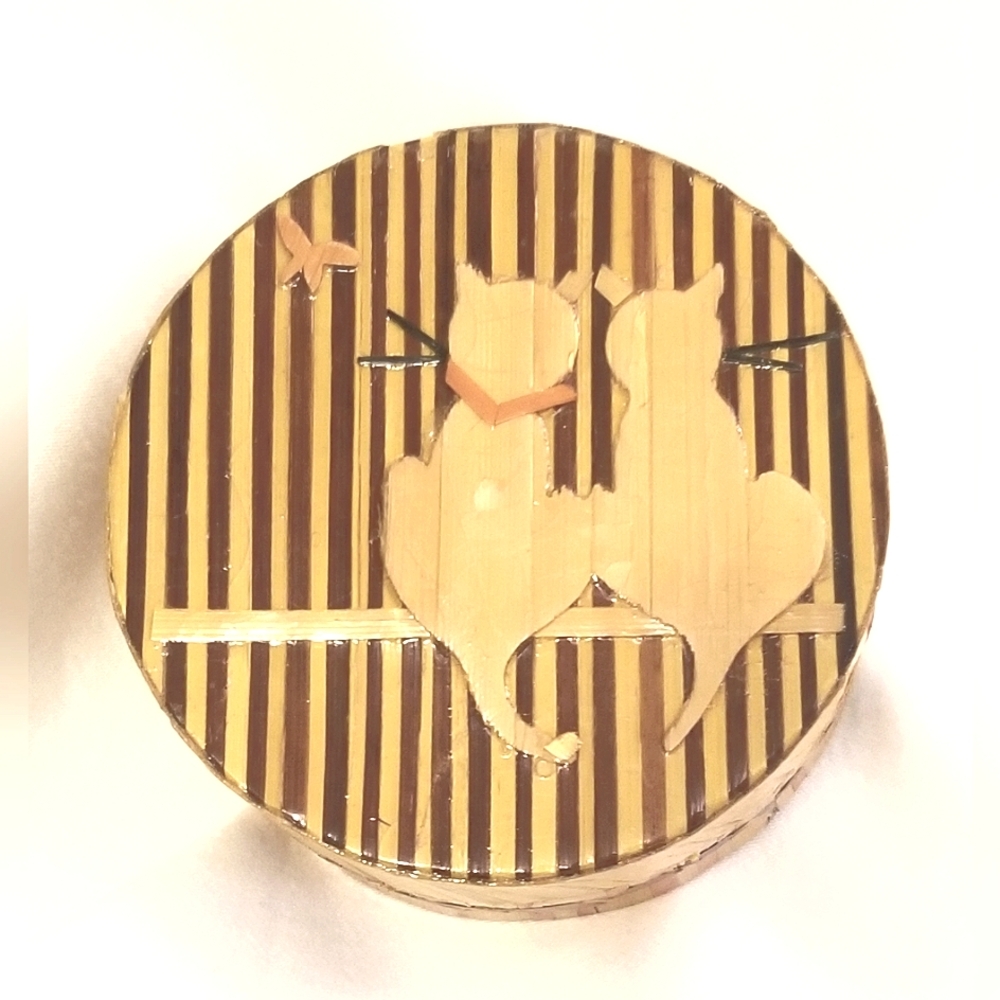Vintage Bamboo Inlay Striped Cat & Butterfly Design Trinket Box